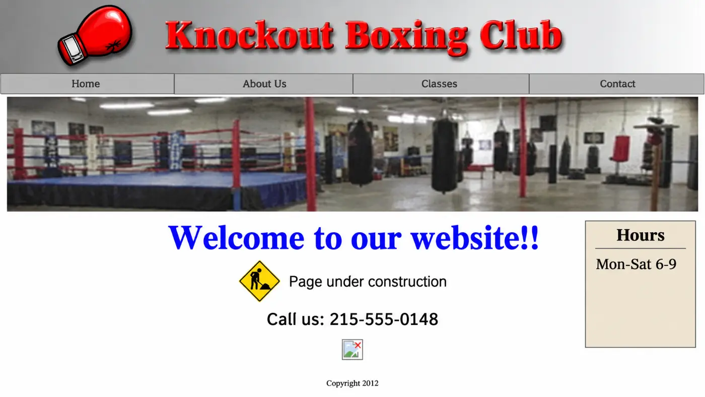 Knockout Club's old website: a single page under construction since 2012.